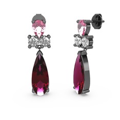 Rodolit garnet, pembe kuvars ve beyaz zirkon 925 ayar siyah rodyum kaplama gümüş küpe