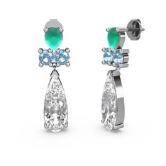 Swarovski, kök zümrüt ve akuamarin 8 ayar beyaz altın küpe