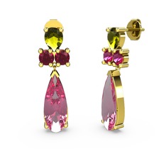 Şana Damla Küpe - Pembe kuvars, peridot ve rodolit garnet 18 ayar altın küpe #150az
