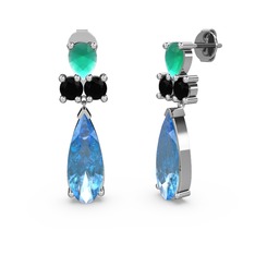 Şana Damla Küpe - Akuamarin, kök zümrüt ve siyah zirkon 18 ayar beyaz altın küpe #15bukqv