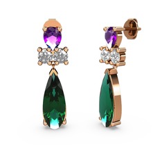 Yeşil kuvars, ametist ve beyaz zirkon 8 ayar rose altın küpe