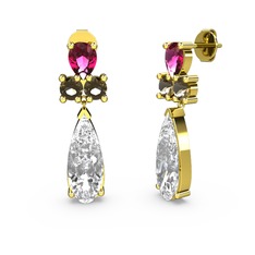 Şana Damla Küpe - Swarovski, rodolit garnet ve dumanlı kuvars 8 ayar altın küpe #162sh1v