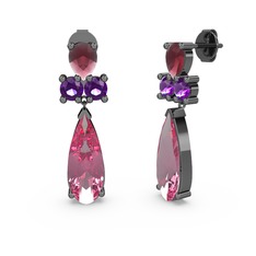 Şana Damla Küpe - Pembe kuvars, kök yakut ve ametist 925 ayar siyah rodyum kaplama gümüş küpe #1677g74