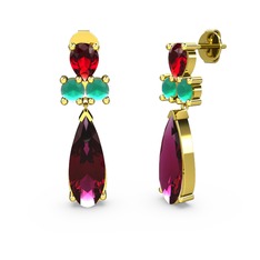 Şana Damla Küpe - Rodolit garnet, garnet ve kök zümrüt 18 ayar altın küpe #16abbkq