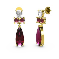 Rodolit garnet, swarovski ve kök yakut 8 ayar altın küpe