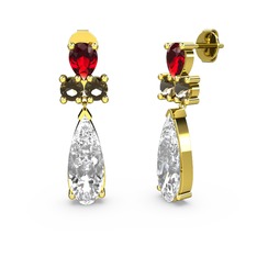 Şana Damla Küpe - Swarovski, garnet ve dumanlı kuvars 8 ayar altın küpe #16k4801