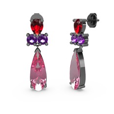 Şana Damla Küpe - Pembe kuvars, garnet ve ametist 925 ayar siyah rodyum kaplama gümüş küpe #16mlyvx