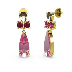 Pembe kuvars, dumanlı kuvars ve rodolit garnet 8 ayar altın küpe