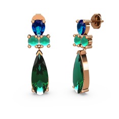 Şana Damla Küpe - Yeşil kuvars, lab safir ve kök zümrüt 18 ayar rose altın küpe #1713o7y