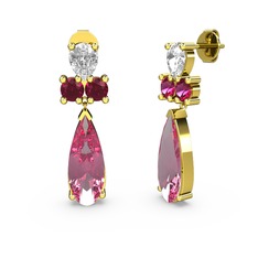 Pembe kuvars, swarovski ve rodolit garnet 8 ayar altın küpe