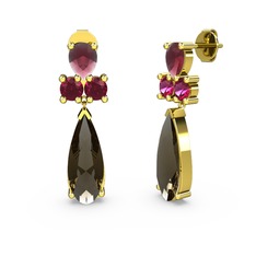 Şana Damla Küpe - Dumanlı kuvars, kök yakut ve rodolit garnet 14 ayar altın küpe #174si18