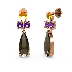 Şana Damla Küpe - Dumanlı kuvars, sitrin ve ametist 14 ayar rose altın küpe #178g41c