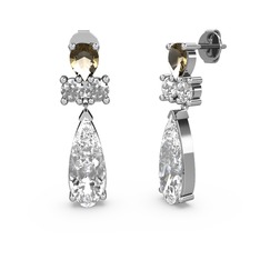 Beyaz zirkon, dumanlı kuvars ve swarovski 18 ayar beyaz altın küpe