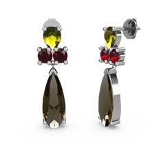 Dumanlı kuvars, peridot ve garnet 14 ayar beyaz altın küpe