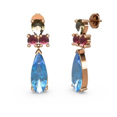 Şana Damla Küpe - Akuamarin, dumanlı kuvars ve kök yakut 18 ayar rose altın küpe #17oifac