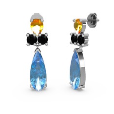 Şana Damla Küpe - Akuamarin, sitrin ve siyah zirkon 18 ayar beyaz altın küpe #17wn18m