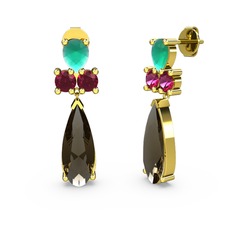 Şana Damla Küpe - Dumanlı kuvars, kök zümrüt ve rodolit garnet 14 ayar altın küpe #1893y8v
