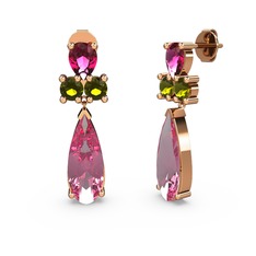 Şana Damla Küpe - Pembe kuvars, rodolit garnet ve peridot 8 ayar rose altın küpe #1906ryq
