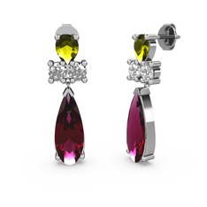 Rodolit garnet, peridot ve swarovski 18 ayar beyaz altın küpe