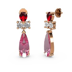 Pembe kuvars, garnet ve swarovski 18 ayar rose altın küpe