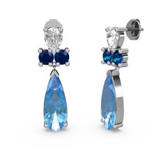 Akuamarin, swarovski ve lab safir 8 ayar beyaz altın küpe
