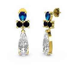 Şana Damla Küpe - Swarovski, lab safir ve siyah zirkon 18 ayar altın küpe #1a1xybd