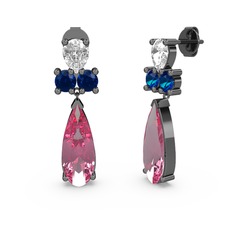 Pembe kuvars, beyaz zirkon ve lab safir 925 ayar siyah rodyum kaplama gümüş küpe