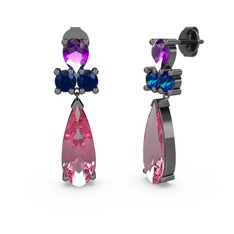 Pembe kuvars, ametist ve lab safir 925 ayar siyah rodyum kaplama gümüş küpe