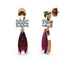 Rodolit garnet, dumanlı kuvars ve akuamarin 8 ayar rose altın küpe