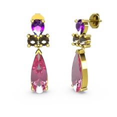 Şana Damla Küpe - Pembe kuvars, ametist ve dumanlı kuvars 18 ayar altın küpe #1aps8fn