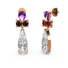 Beyaz zirkon, ametist ve garnet 14 ayar rose altın küpe