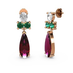 Şana Damla Küpe - Rodolit garnet, beyaz zirkon ve yeşil kuvars 18 ayar rose altın küpe #1bc7or6