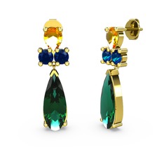 Şana Damla Küpe - Yeşil kuvars, sitrin ve lab safir 8 ayar altın küpe #1bl2x80