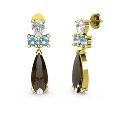 Dumanlı kuvars, swarovski ve akuamarin 18 ayar altın küpe