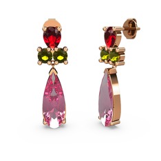 Şana Damla Küpe - Pembe kuvars, garnet ve peridot 8 ayar rose altın küpe #1bzq400
