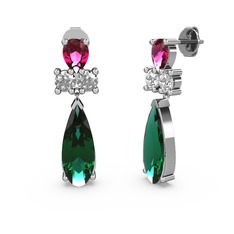 Yeşil kuvars, rodolit garnet ve swarovski 14 ayar beyaz altın küpe
