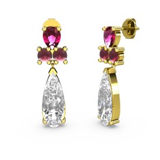 Şana Damla Küpe - Beyaz zirkon, rodolit garnet ve kök yakut 8 ayar altın küpe #1cjjop7