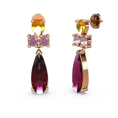 Rodolit garnet, sitrin ve pembe kuvars 8 ayar rose altın küpe