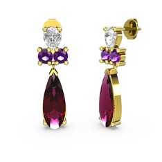 Şana Damla Küpe - Rodolit garnet, beyaz zirkon ve ametist 18 ayar altın küpe #1cx0h1s