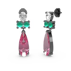 Şana Damla Küpe - Pembe kuvars, beyaz zirkon ve kök zümrüt 925 ayar siyah rodyum kaplama gümüş küpe #1d9dxhz