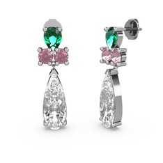 Beyaz zirkon, yeşil kuvars ve pembe kuvars 18 ayar beyaz altın küpe