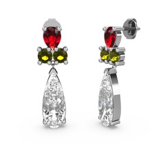 Swarovski, garnet ve peridot 8 ayar beyaz altın küpe