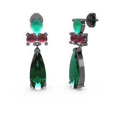 Şana Damla Küpe - Yeşil kuvars, kök zümrüt ve kök yakut 925 ayar siyah rodyum kaplama gümüş küpe #1dmyvyt