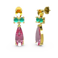 Şana Damla Küpe - Pembe kuvars, sitrin ve kök zümrüt 14 ayar altın küpe #1dnvxn1