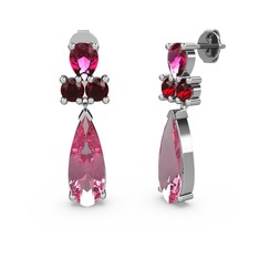 Pembe kuvars, rodolit garnet ve garnet 18 ayar beyaz altın küpe