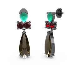 Şana Damla Küpe - Dumanlı kuvars, kök zümrüt ve garnet 925 ayar siyah rodyum kaplama gümüş küpe #1eb5ub7