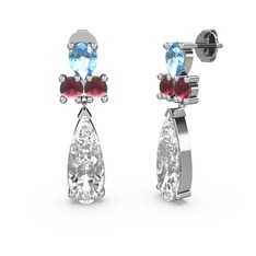 Şana Damla Küpe - Swarovski, akuamarin ve kök yakut 8 ayar beyaz altın küpe #1ebi45m