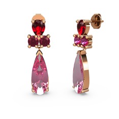 Şana Damla Küpe - Pembe kuvars, garnet ve rodolit garnet 8 ayar rose altın küpe #1ebinkr