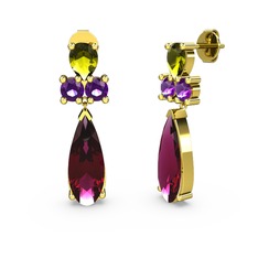 Rodolit garnet, peridot ve ametist 18 ayar altın küpe