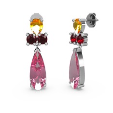 Pembe kuvars, sitrin ve garnet 18 ayar beyaz altın küpe